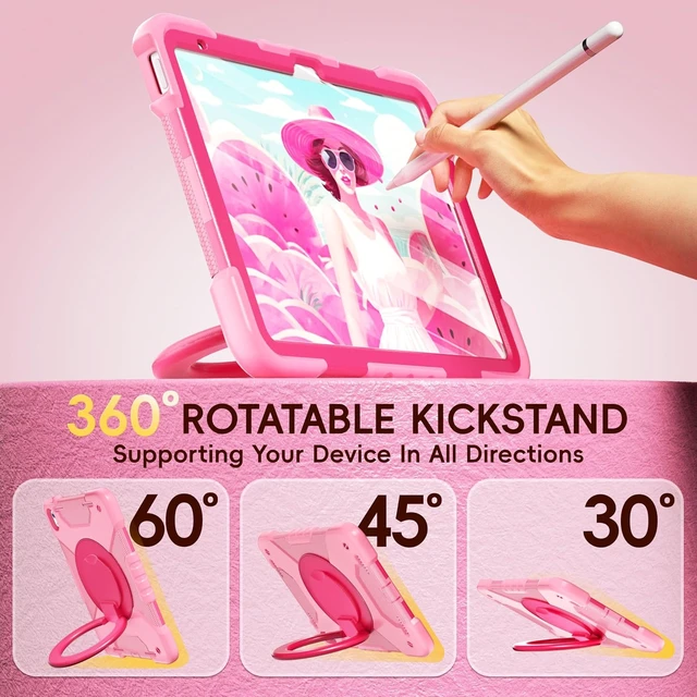 Alt view image 4 of 7 - Case for iPad (A16) 11th/10th Generation 11/10.9 Inch 2025/2022 with Screen Protector/360° Rotate Stand/Pencil Holder/Shoulder Strap Shockproof iPad 11th/10th Gen Cover (Pink+Rose Red)