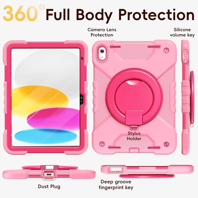 Alt view image 6 of 7 - Case for iPad (A16) 11th/10th Generation 11/10.9 Inch 2025/2022 with Screen Protector/360° Rotate Stand/Pencil Holder/Shoulder Strap Shockproof iPad 11th/10th Gen Cover (Pink+Rose Red)