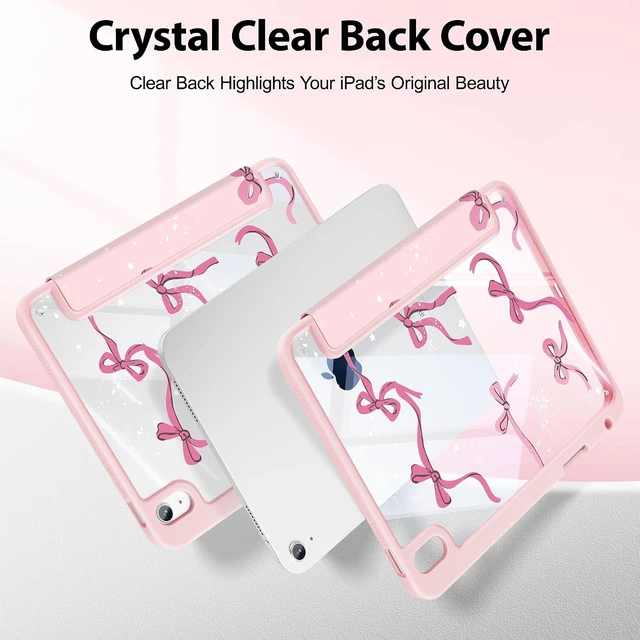 Alt view image 5 of 7 - Case for iPad 11 inch (A16 Chip) 2025 11th Generation/iPad 10.9 inch 2022 10th Gen Buit in Pencil Holder with Shockproof Cover Clear Transparent Back Shell Auto Wake/Sleep Bow-Pink