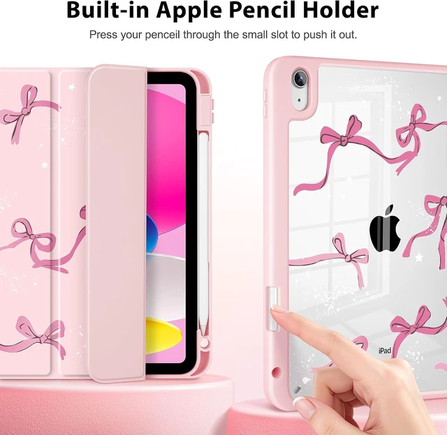 Alt view image 6 of 7 - Case for iPad 11 inch (A16 Chip) 2025 11th Generation/iPad 10.9 inch 2022 10th Gen Buit in Pencil Holder with Shockproof Cover Clear Transparent Back Shell Auto Wake/Sleep Bow-Pink