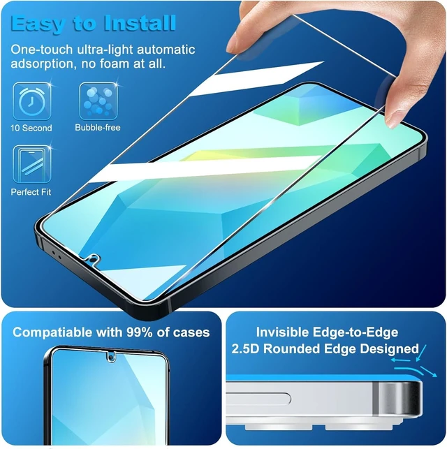 Alt view image 4 of 7 - 3 Pack for Galaxy A16 5G Screen Protector Tempered Glass + 3 Pack Camera Lens Protector Military Grade Shatterproof 9H Hardness Fingerprint Unlock Case Friendly 6.7 Inch