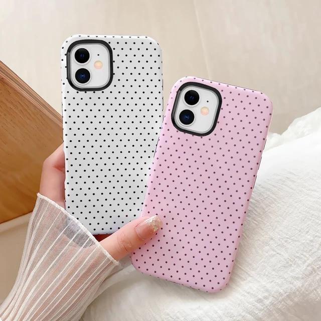Alt view image 6 of 6 - Cute Case for iPhone 12 Mini Polka Dot Phone Case for iPhone 13 Mini Aesthetic Pattern Design Hybrid 2-Layer Shockproof Protective Cover for Girls Women (White 12mini/13mini)