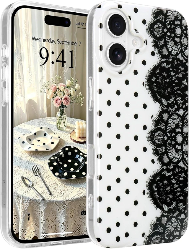 Main image of for iPhone 17 Case Cute Polka Dot Vintage Lace Flower Black