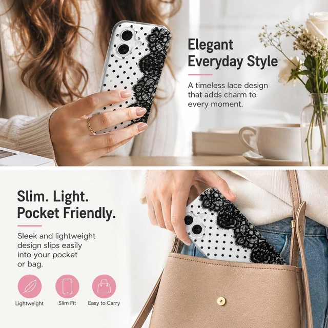 Alt view image 2 of 7 - for iPhone 17 Case Cute Polka Dot Vintage Lace Flower Black