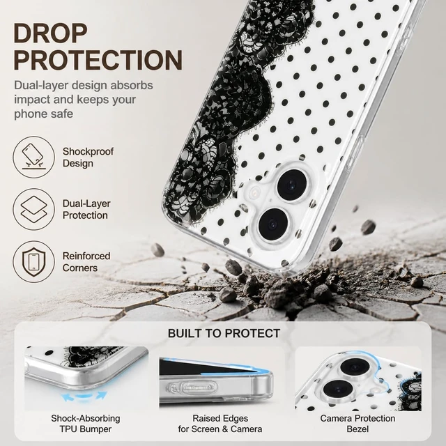 Alt view image 3 of 7 - for iPhone 17 Case Cute Polka Dot Vintage Lace Flower Black