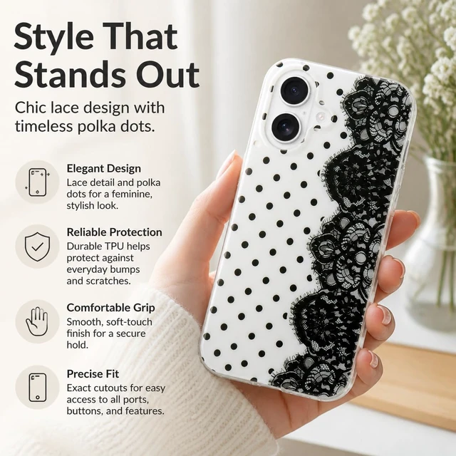 Alt view image 5 of 7 - for iPhone 17 Case Cute Polka Dot Vintage Lace Flower Black