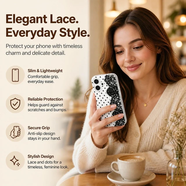 Alt view image 6 of 7 - for iPhone 17 Case Cute Polka Dot Vintage Lace Flower Black
