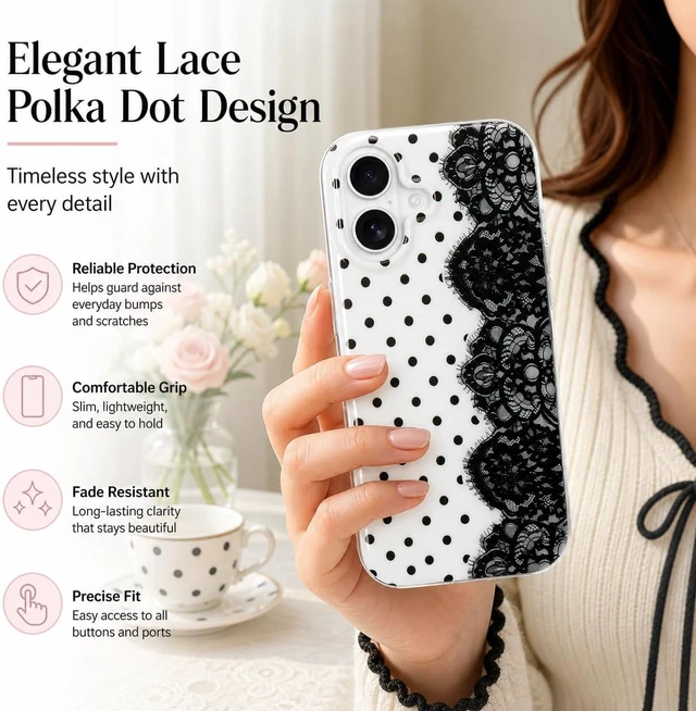 Alt view image 7 of 7 - for iPhone 17 Case Cute Polka Dot Vintage Lace Flower Black
