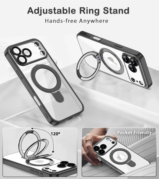 Alt view image 2 of 7 - Magnetic for iPhone 17 Pro Max Clear&Black Phone Case with Stand