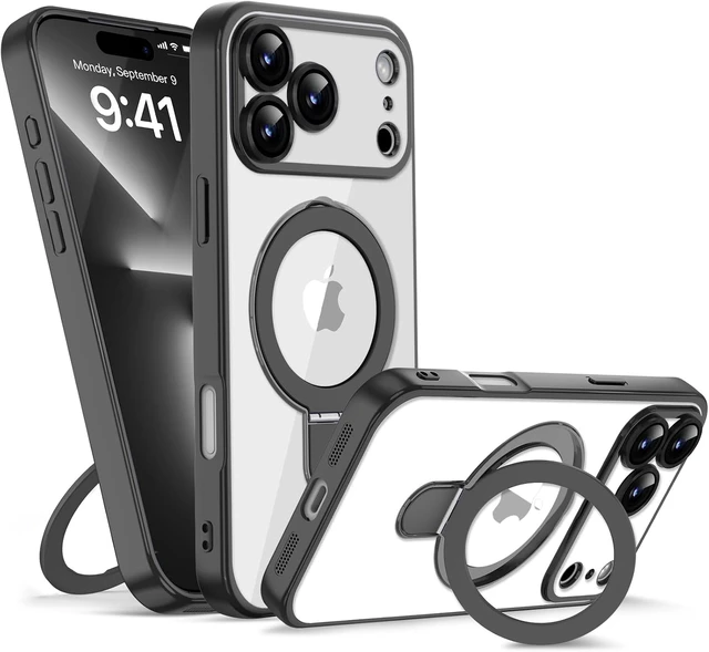 Alt view image 7 of 7 - Magnetic for iPhone 17 Pro Max Clear&Black Phone Case with Stand
