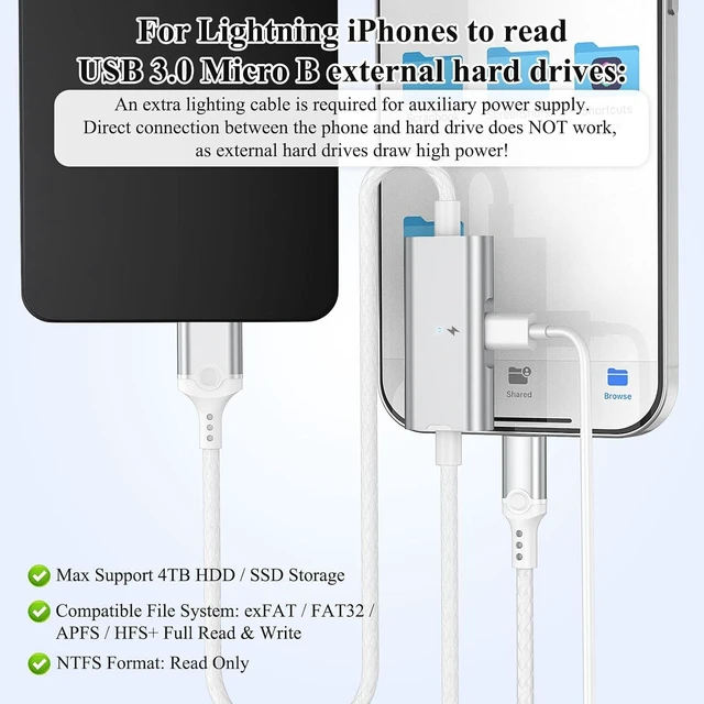 Alt view image 2 of 7 - Hard Drive Cable USB 3.0 Micro B to for Lightning MFi-Certified Camera Cord