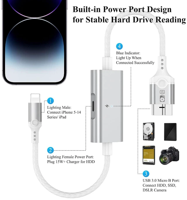 Alt view image 4 of 7 - Hard Drive Cable USB 3.0 Micro B to for Lightning MFi-Certified Camera Cord