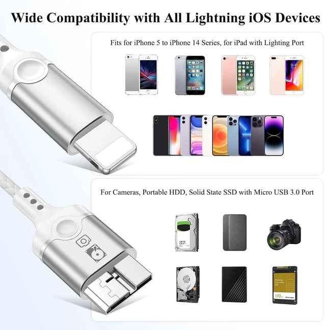 Alt view image 7 of 7 - Hard Drive Cable USB 3.0 Micro B to for Lightning MFi-Certified Camera Cord