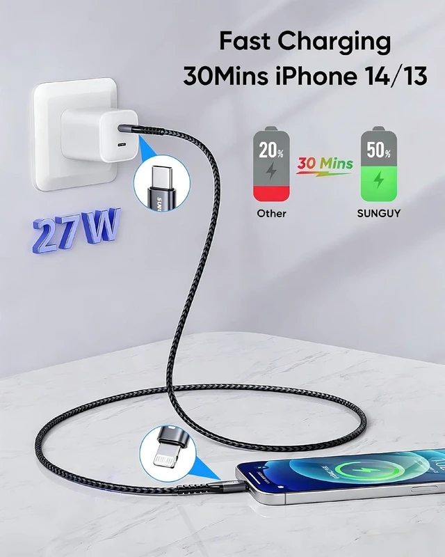 Alt view image 4 of 7 - USB-C to Lightning Cable 2FT 2-Pack 27W Fast Charging Cable
