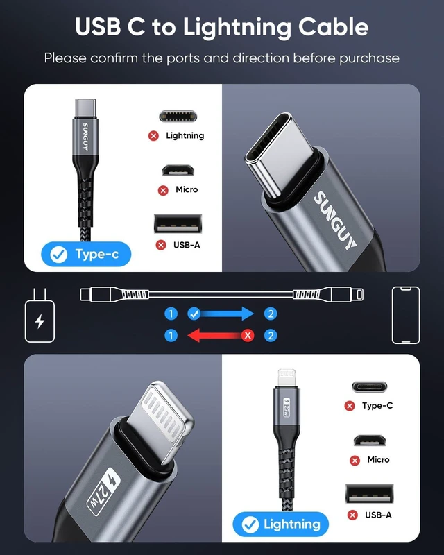 Alt view image 6 of 7 - USB-C to Lightning Cable 2FT 2-Pack 27W Fast Charging Cable