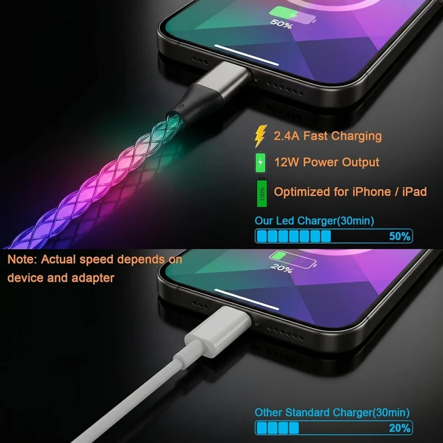 Alt view image 3 of 7 - LED Lightning Cable Light Up iPhone Charger Cord MFi Certified USB A to iPhone Charger Cord with Colorful Gradual LED Light Fast Charging Data Sync Wire for iPhone 14/13/12More (Multicolor 3FT)