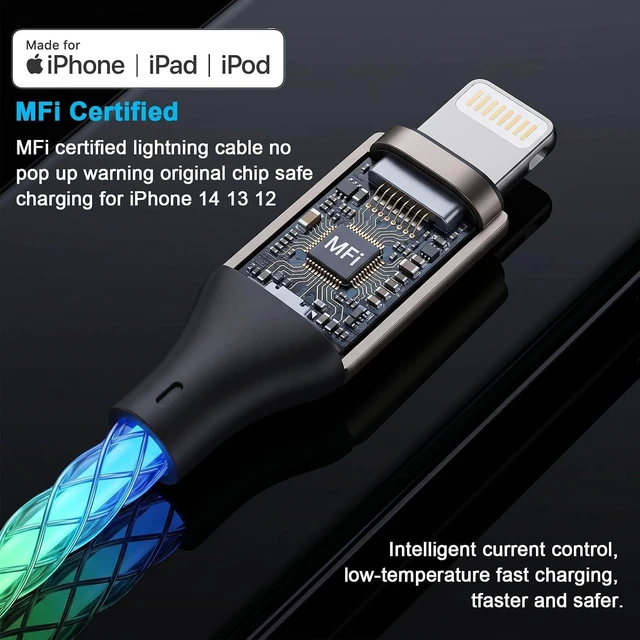 Alt view image 5 of 7 - LED Lightning Cable Light Up iPhone Charger Cord MFi Certified USB A to iPhone Charger Cord with Colorful Gradual LED Light Fast Charging Data Sync Wire for iPhone 14/13/12More (Multicolor 3FT)