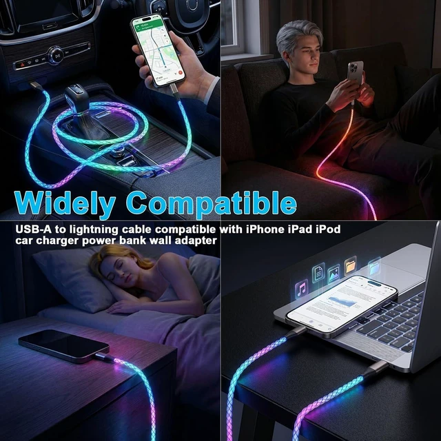 Alt view image 6 of 7 - LED Lightning Cable Light Up iPhone Charger Cord MFi Certified USB A to iPhone Charger Cord with Colorful Gradual LED Light Fast Charging Data Sync Wire for iPhone 14/13/12More (Multicolor 3FT)