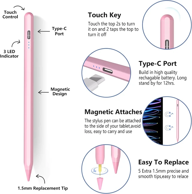 Alt view image 5 of 7 - iPad Stylus Pen for iPad 2018-2026 Palm Rejection Fast Charging