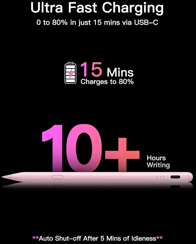 Alt view image 5 of 7 - Stylus Pen for ipad 2018-2026 USB-C Fast Charging Pencil Pixel-Perfect Tilt Sensitivity for iPad 11/10/9/8/7/6/A16 iPad mini 7/6/5 iPad Air M4/3/2 11/13/5/4/3 iPad Pro M5/4 13/12.9/11 Pink