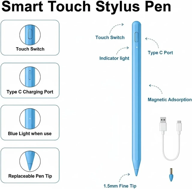 Alt view image 7 of 7 - Stylus Pen for iPad Pencil 11th&10th Pencil with Palm Rejection Tilt Sensitivity Pen 2018-2025 for iPad A16/11/10/9/8/7/6th Pro 12.9/11/13 M5/M4 Air M3/M2/5/4/3 Mini A17/6th/5th-Blue