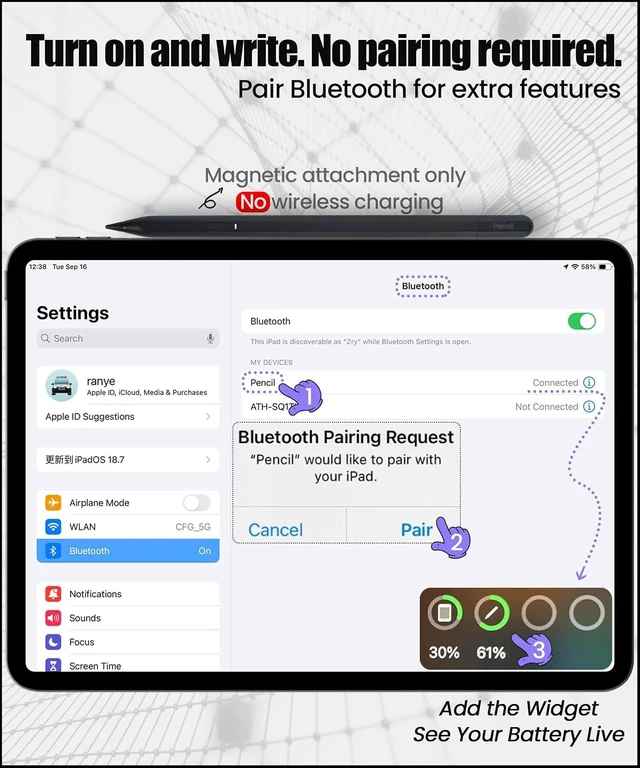 Alt view image 4 of 7 - USB-C Pencil for iPad 2018-2026: Hidden-Port & BT Shortcut Button