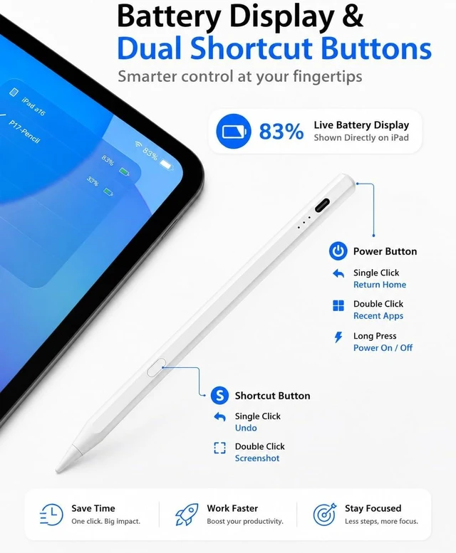 Alt view image 3 of 7 - Stylus Pen for iPad with Battery Display & Dual Shortcut Buttons Palm Rejection Tilt Sensitivity Magnetic Attachment USB-C Fast Charging Compatible with iPad Pro/Air/Mini 2018-2026 - White