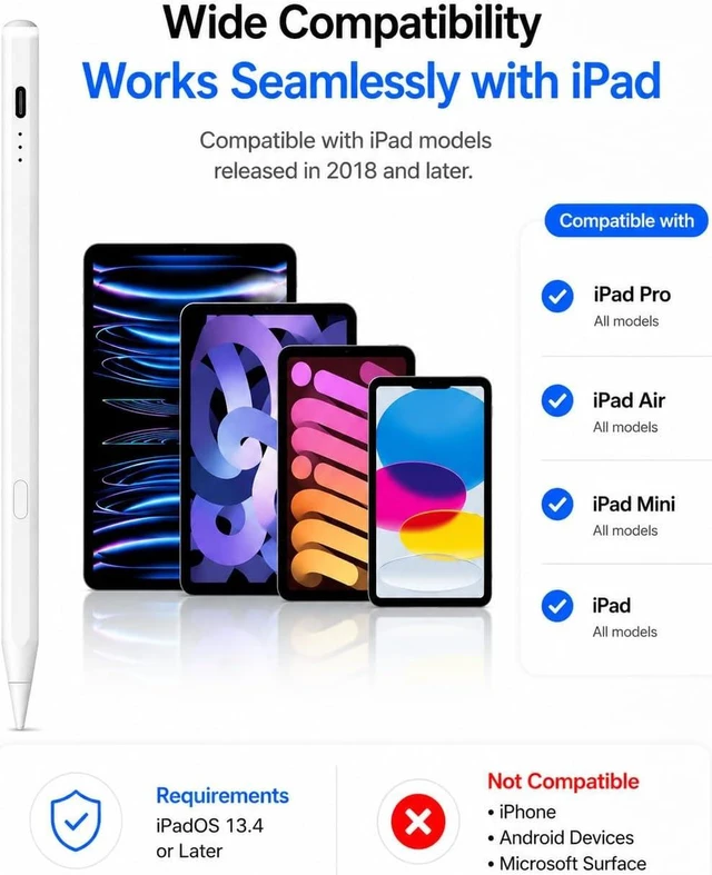 Alt view image 5 of 7 - Stylus Pen for iPad with Battery Display & Dual Shortcut Buttons Palm Rejection Tilt Sensitivity Magnetic Attachment USB-C Fast Charging Compatible with iPad Pro/Air/Mini 2018-2026 - White