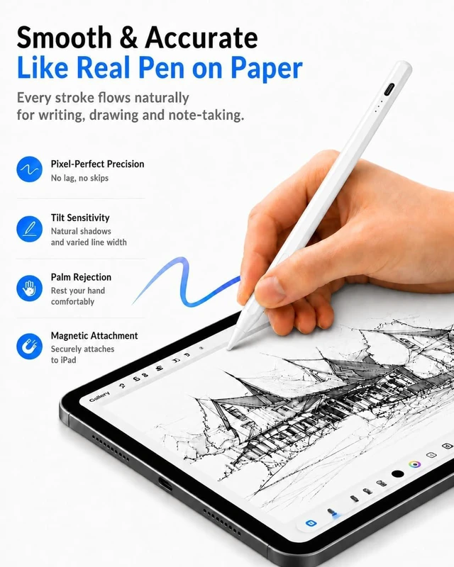 Alt view image 7 of 7 - Stylus Pen for iPad with Battery Display & Dual Shortcut Buttons Palm Rejection Tilt Sensitivity Magnetic Attachment USB-C Fast Charging Compatible with iPad Pro/Air/Mini 2018-2026 - White
