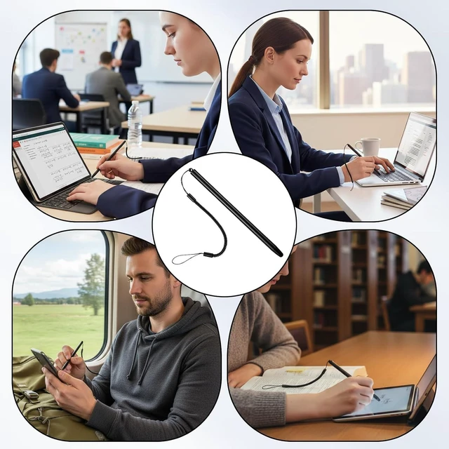 Alt view image 4 of 7 - 2 PCS Stylus Pen with Spring Tether Universal Capacitive Touch Screen Pen for Tablets and Phones Anti-Scratch Silicone Tip Stylus for Tablets Drawing Sketching and Note-Taking (Black)