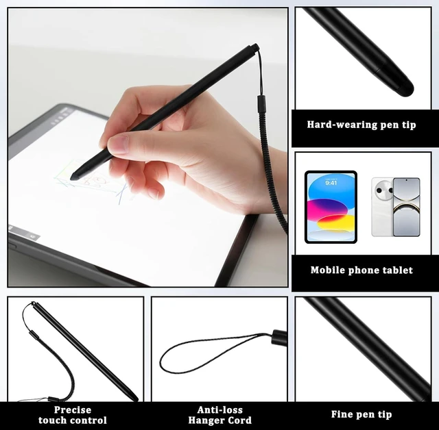 Alt view image 5 of 7 - 2 PCS Stylus Pen with Spring Tether Universal Capacitive Touch Screen Pen for Tablets and Phones Anti-Scratch Silicone Tip Stylus for Tablets Drawing Sketching and Note-Taking (Black)