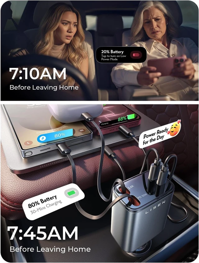Alt view image 5 of 7 - Retractable Car Charger 84W Car Charger USB C Fast Charge 4 in 1