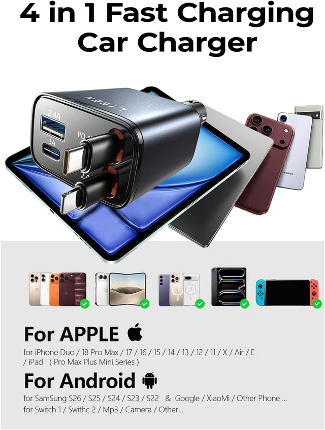 Alt view image 7 of 7 - Retractable Car Charger 84W Car Charger USB C Fast Charge 4 in 1