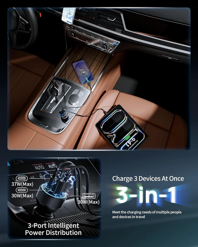 Alt view image 4 of 7 - Car Charger USB C 3 Port 67W Dual USB-C & USB-A Car Phone Charger Adapter