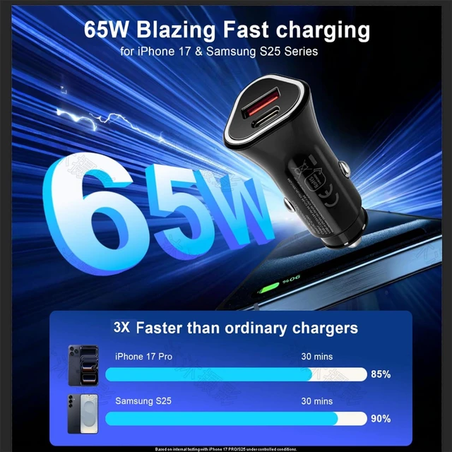 Alt view image 2 of 7 - 65W USB C Car Charger 2-Port Super Fast Charging Cigarette Lighter Adapter