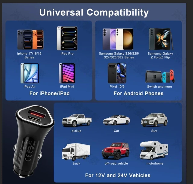 Alt view image 6 of 7 - 65W USB C Car Charger 2-Port Super Fast Charging Cigarette Lighter Adapter
