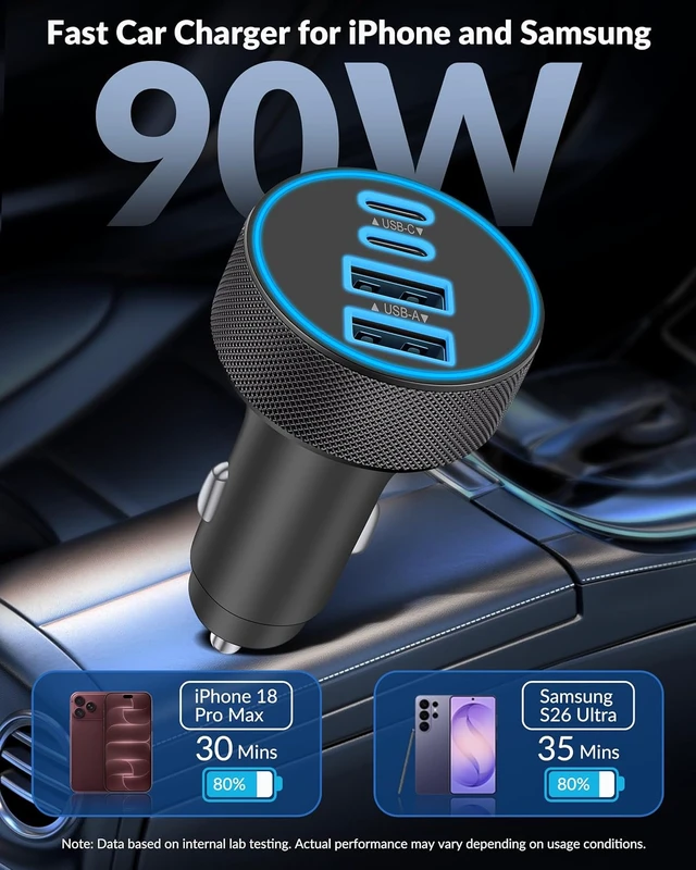 Alt view image 2 of 7 - iPhone 18 17 16 Car Charger Fast Charging 90W 4Port USB C Fast Car Charger