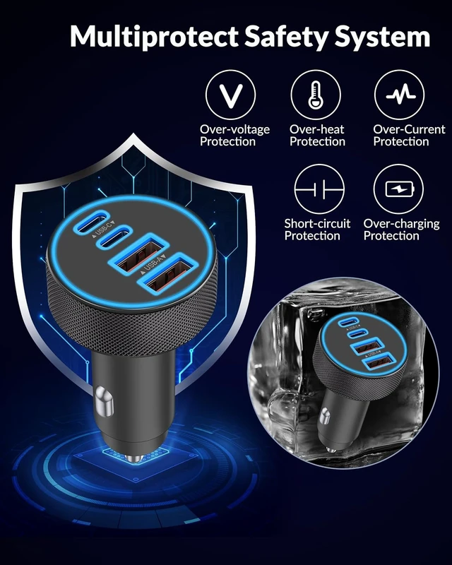 Alt view image 6 of 7 - USB C Car Charger 4-Port 90W Super Fast Charging Cigarette Lighter Adapter