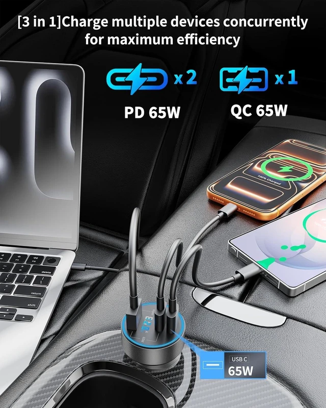 Alt view image 3 of 7 - 130W 3-Port USB C Super Fast Car Charger (with Voltage Display) for