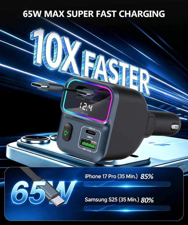 Alt view image 2 of 7 - Retractable Car Charger 83W Car Phone Charger with Dual Cables