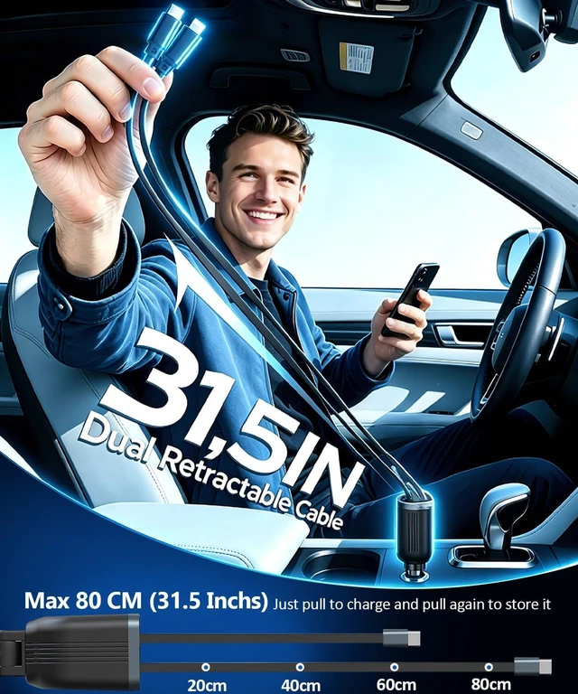 Alt view image 4 of 7 - Retractable Car Charger 83W Car Phone Charger with Dual Cables