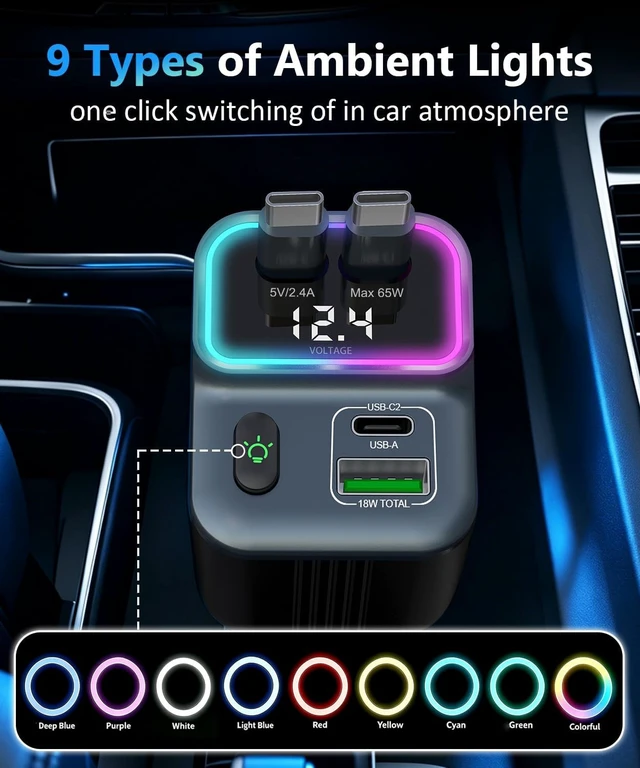 Alt view image 5 of 7 - Retractable Car Charger 83W Car Phone Charger with Dual Cables