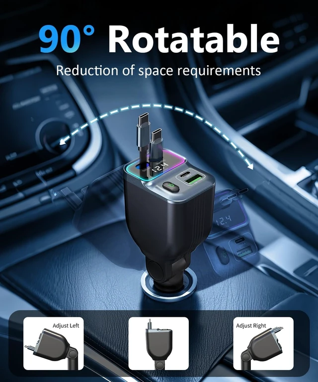 Alt view image 7 of 7 - Retractable Car Charger 83W Car Phone Charger with Dual Cables