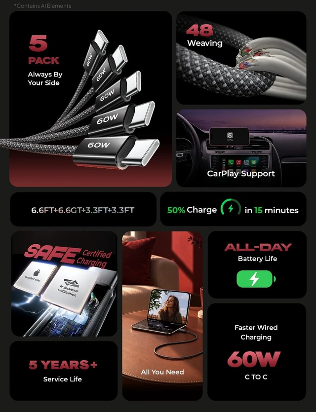 Alt view image 2 of 7 - USB C to USB C Cable 60W for iPhone 18 Pro Duo Charging Cable 5-Pack