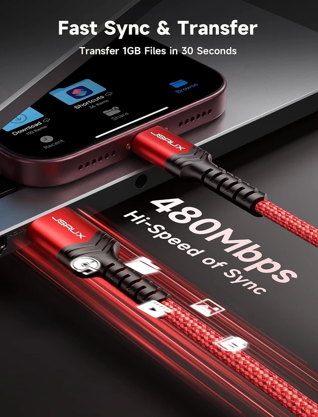 Alt view image 7 of 7 - for iPhone 18 17 Pro Charger Cable 6.6ft/2-Pack USB to USB C-Red