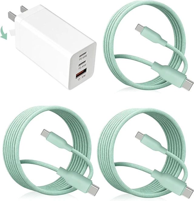 Main image of 65W USB C Fast Charger 3-Port PD Charger 3 Cables Green