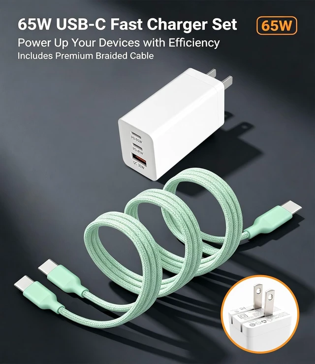 Alt view image 2 of 7 - 65W USB C Fast Charger 3-Port PD Charger 3 Cables Green