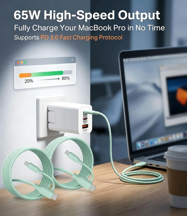 Alt view image 3 of 7 - 65W USB C Fast Charger 3-Port PD Charger 3 Cables Green