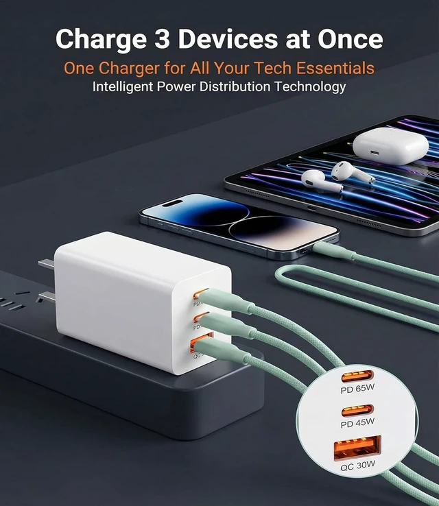 Alt view image 4 of 7 - 65W USB C Fast Charger 3-Port PD Charger 3 Cables Green