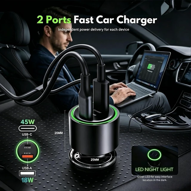 Alt view image 3 of 7 - 63W USB C Car Charger with Cable for Google Pixel 10 Pro XL 10A 9 9A 8 8A 7 6 5 Galaxy A24 A14 A53 5G A33 A23 A13 A52 A32 A42 A04 A05 A06 Z Filp 4 5 6 7 12V Cigarette Lighter Adapter USB C 45W